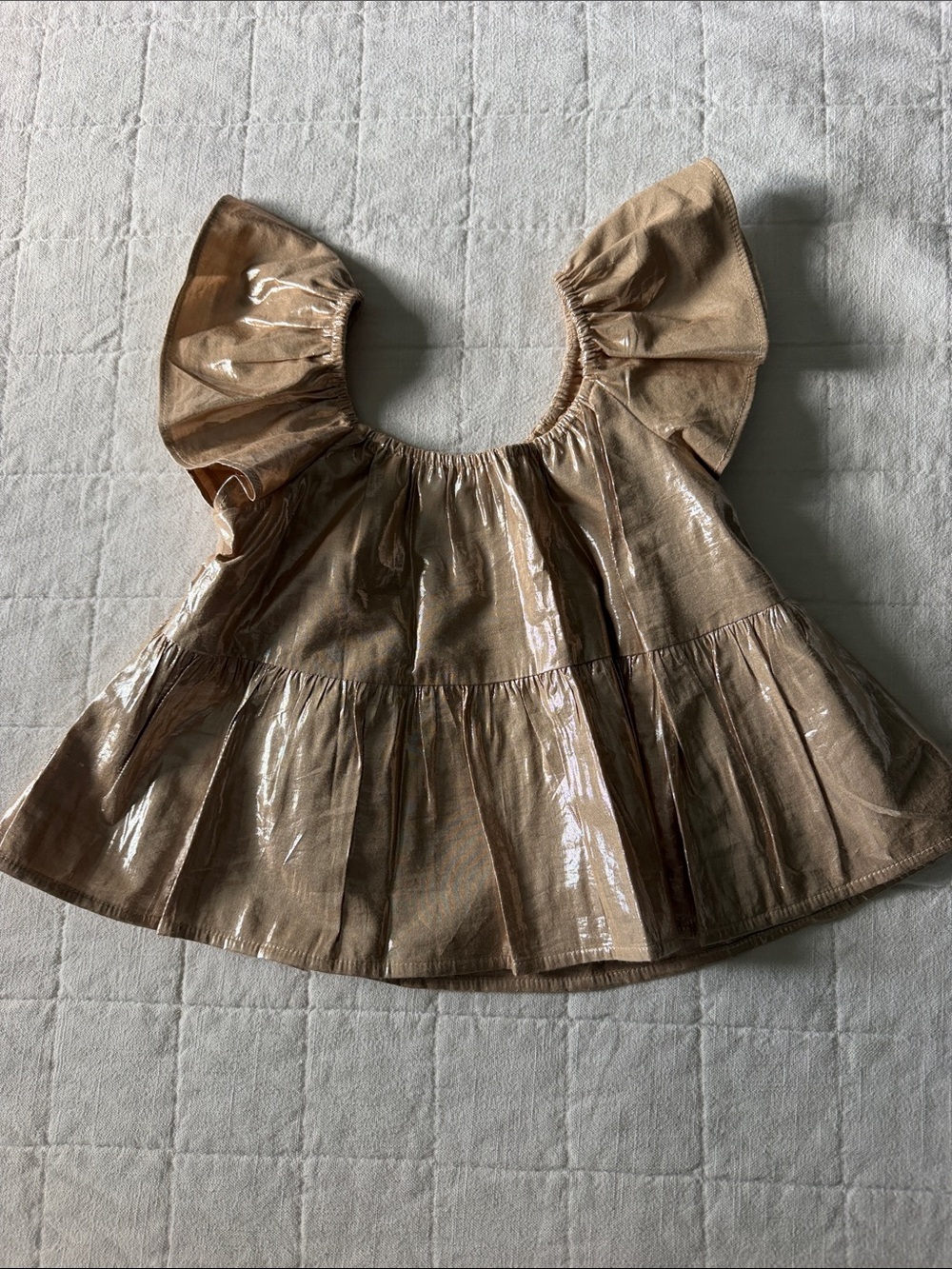 GAP Shimmery Gold Tan Ruffle Sleeve Dress